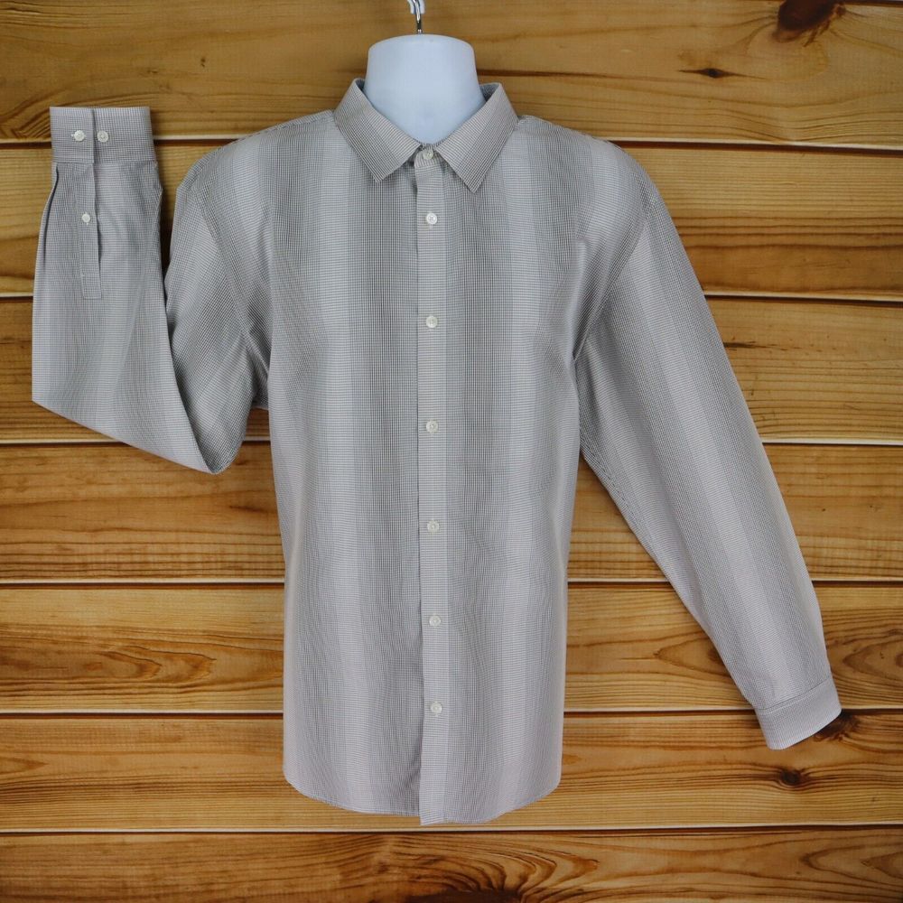 Calvin Klein Dress Shirt Mens Size XL Gray Checks 100% Cotton Point Collar